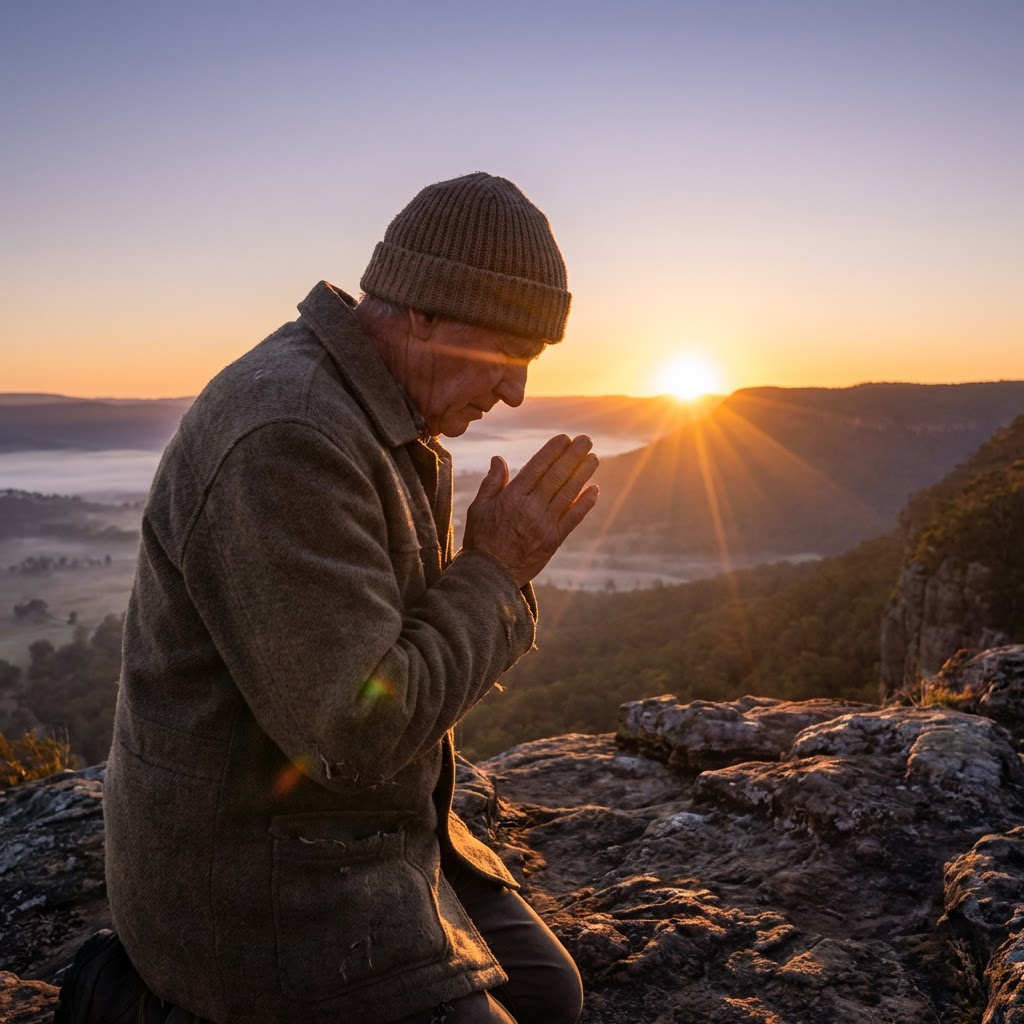 Elderly man kneeling in prayer on a rocky cliff at sunrise.