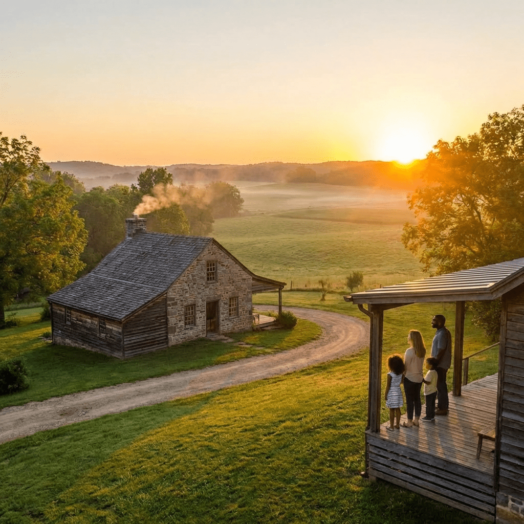 Family on a porch overlooking a stone cabin and misty valley during a golden sunrise.