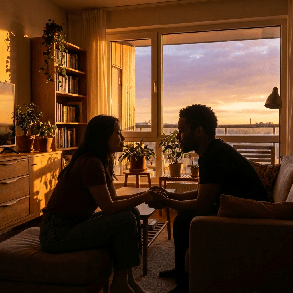 A couple sits holding hands in a warm living room during a golden sunset.