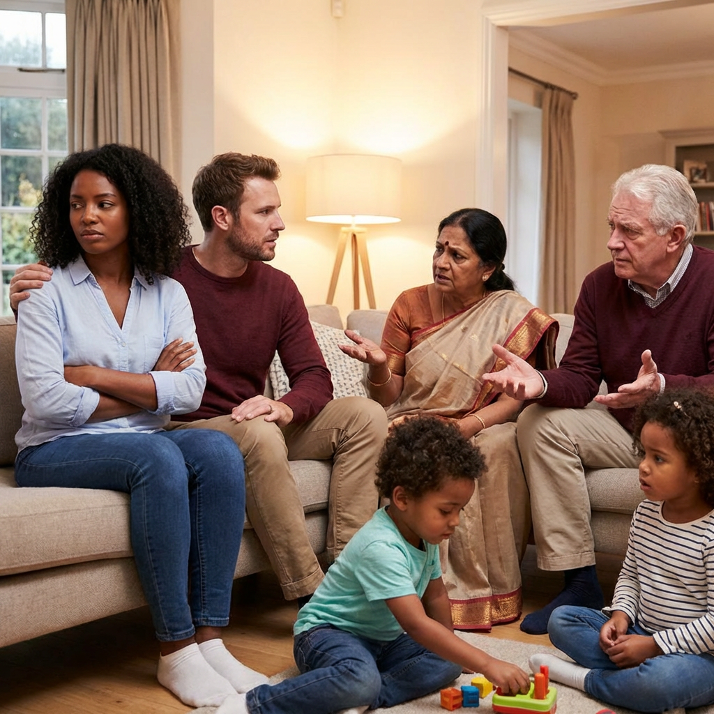 Multi-generational family in a tense discussion while children play in the foreground.