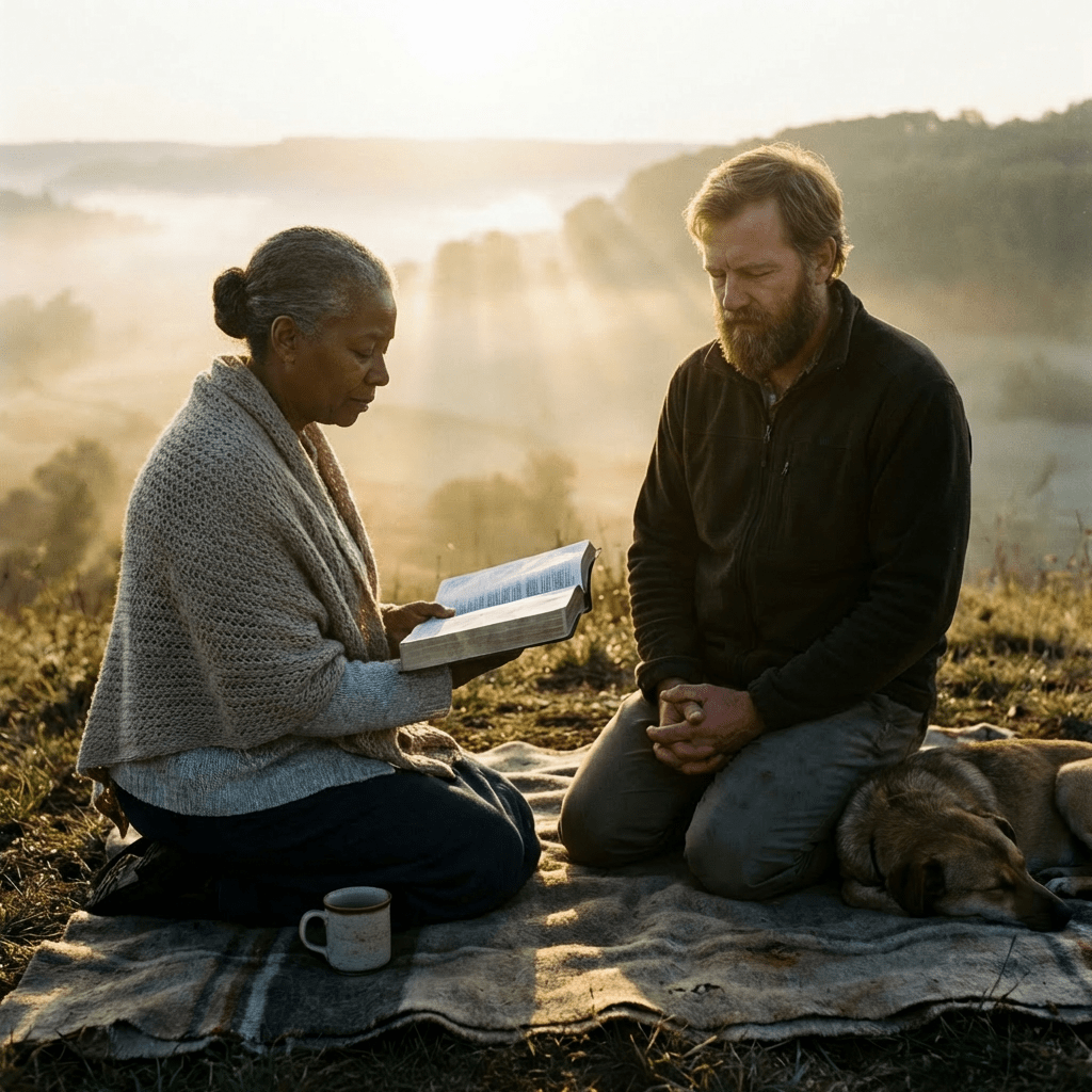 A woman reading a book to a man sitting outdoors during a foggy sunrise.