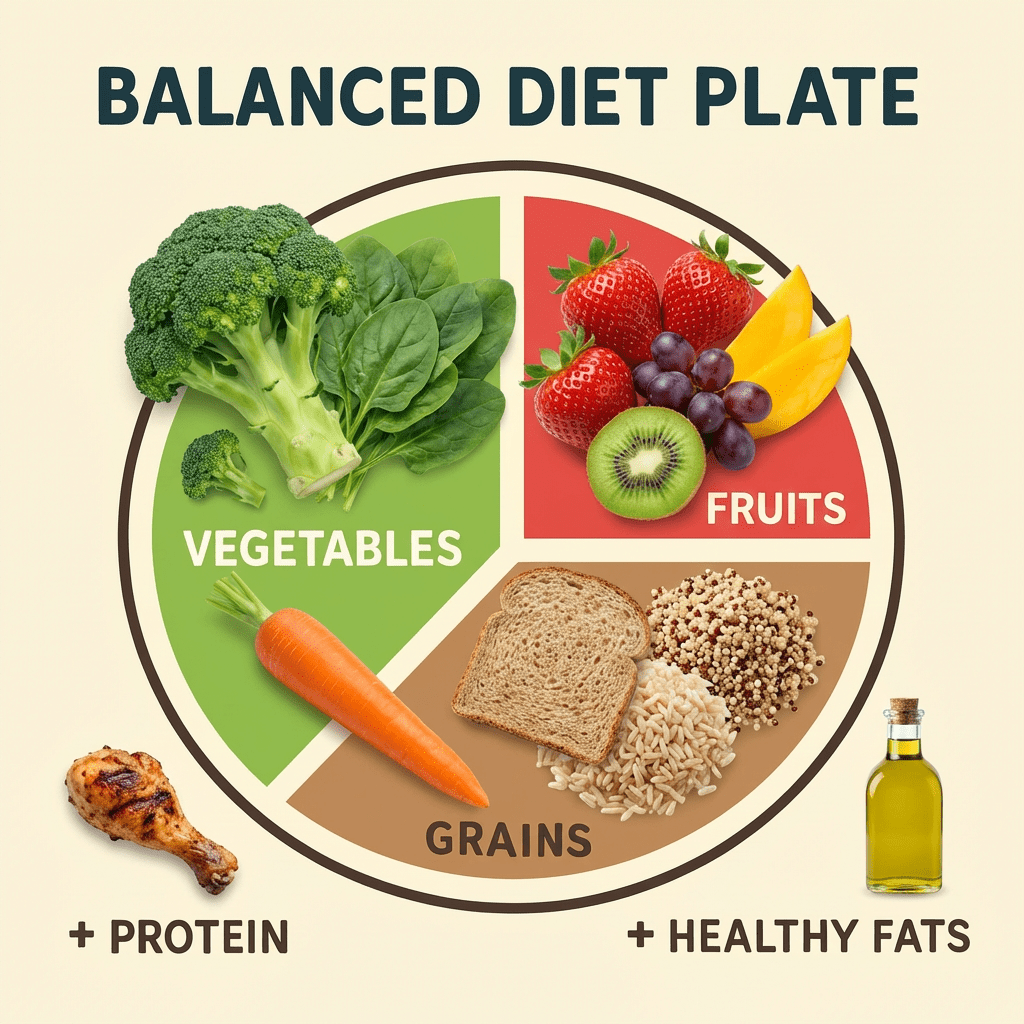 Balanced diet plate with sections for vegetables, fruits, grains, plus protein and healthy fats symbols