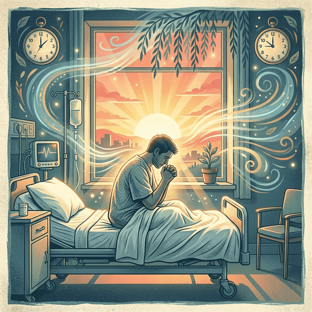 Patient sitting on hospital bed praying with sunrise shining through window