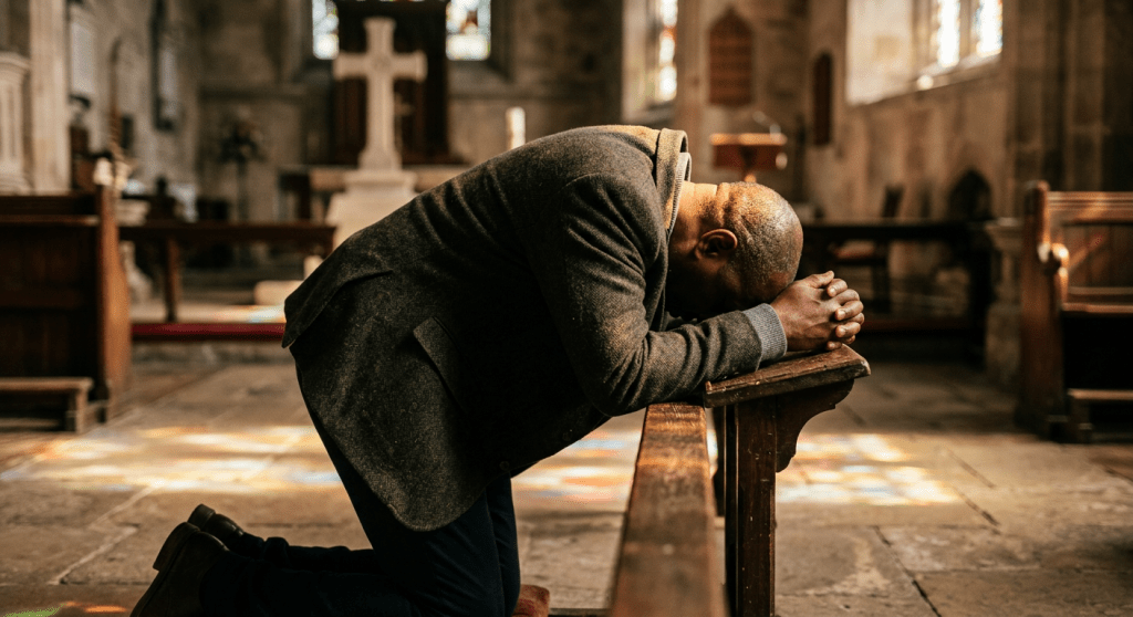 Man kneeling and praying on a wooden pew in a church with stained glass reflections on the floor