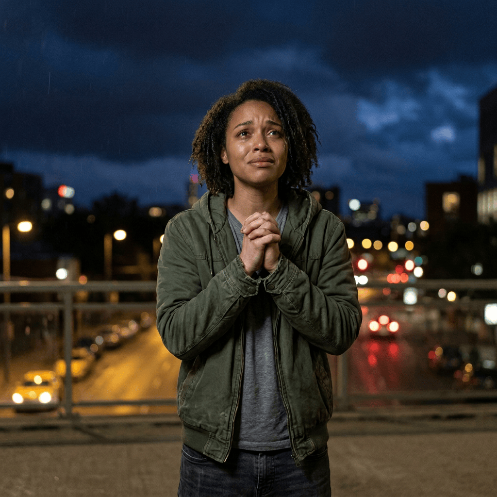Man clasping hands on an overpass above a rainy city at night