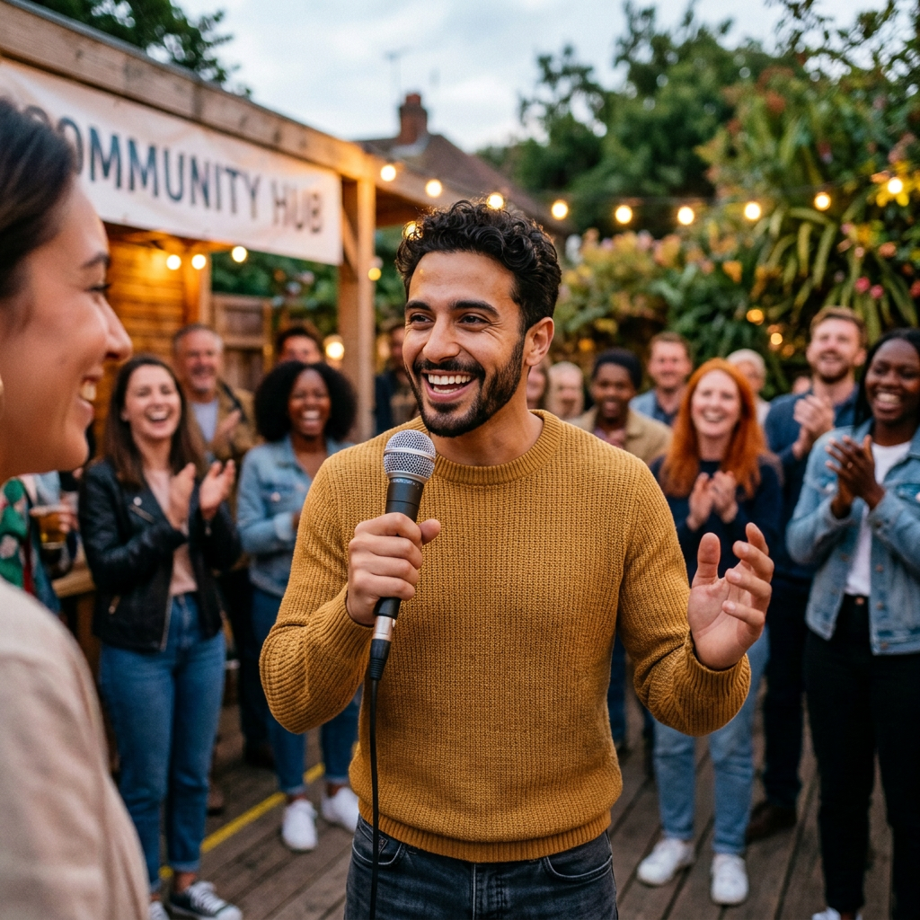Smiling woman speaking into a microphone as a crowd applauds