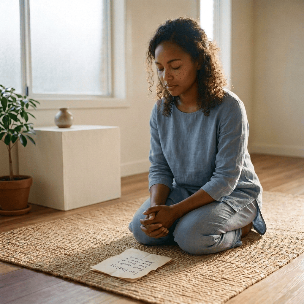 Woman meditating beside candles and handwritten pages on a rug