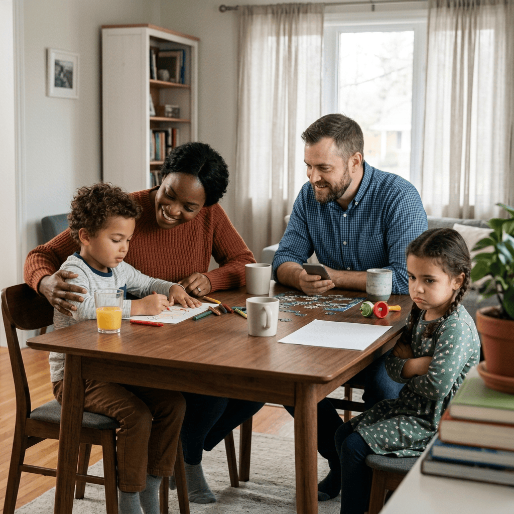 Family gathered around a table drawing and doing puzzles together